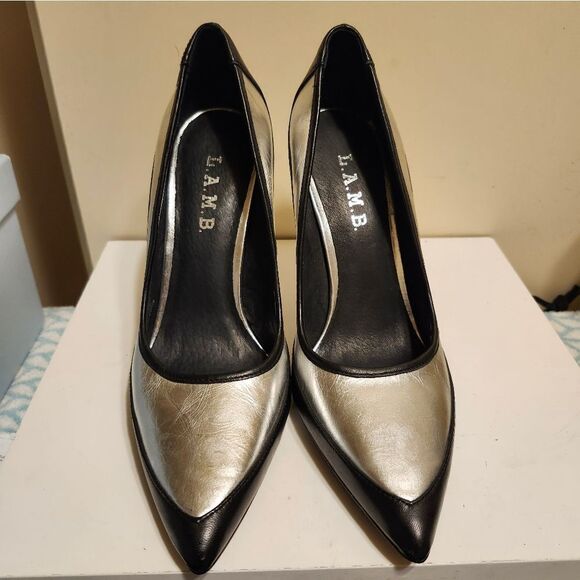 L.A.M.B. Silver/Black Leather "Needle Heel" Pumps Sz. 6 Ret.$498 - Picture 2 of 8